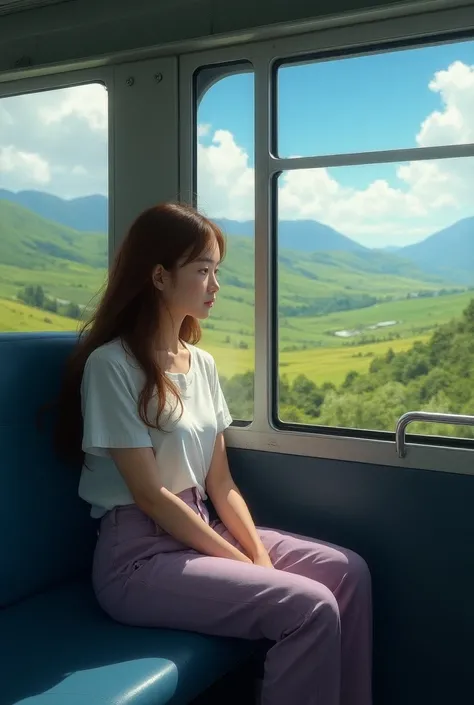 Make an image of a girl inside a bus with a sad look with very long brown hair wearing lilac pants and a short white blouse without fringe with a very pretty face with a very beautiful landscape on the outside realistic 