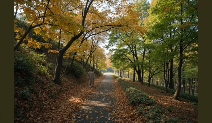 A beautiful little Korean woman in her 50s  、Short, medium length hair 、  natural color clothing  、  natural look、  top quality  、  super high resolution  、 high quality detail  、8ｋ、Maple leaves :1.5、  deep autumn forest  、 A beautiful Korean woman in her ...