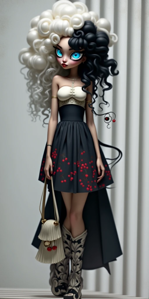 tall white woman, one blue eye and one black eye, very big eyes, small nose, small mouth, very long curly hair, white and black, white bustier dress with cherry design and short pleated skirt with white and red boots, a handbag small in hand