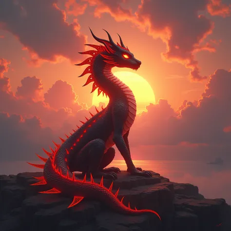 A glowing mythical creature greets the sunrise.(masterpiece, detailed details,bright colors, highest image quality, beautiful,just,red and black elements .