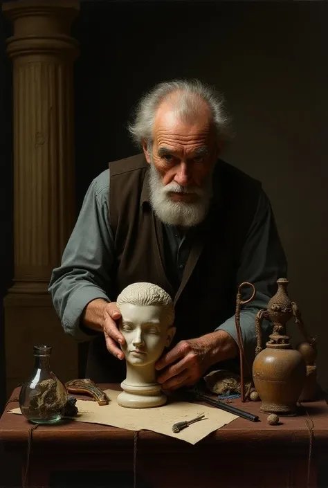 Elderly man in the foreground making sculpture,  in front of her has a violin , a vailarina ,  a theater mask ,  a pen and ink paper ,  and a Greek pillar ,  still-life style ,  in light obscure ,  high contrast, dark background, baroque style, tenebrismo,...