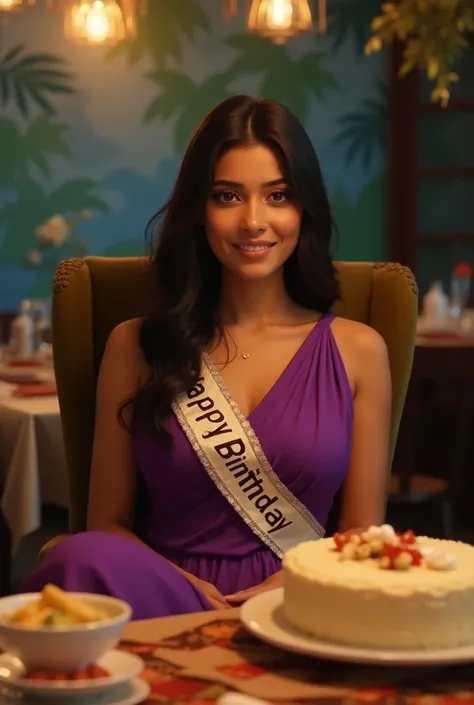  beautiful Indonesians .  A 30 year old woman in a purple dress and has long hair. and put on a woven re-sash that says happy birthday Nonop .  And she sits on the chair and on the table theres a big birthday cake and theres a snack ,you,and restaurant foo...