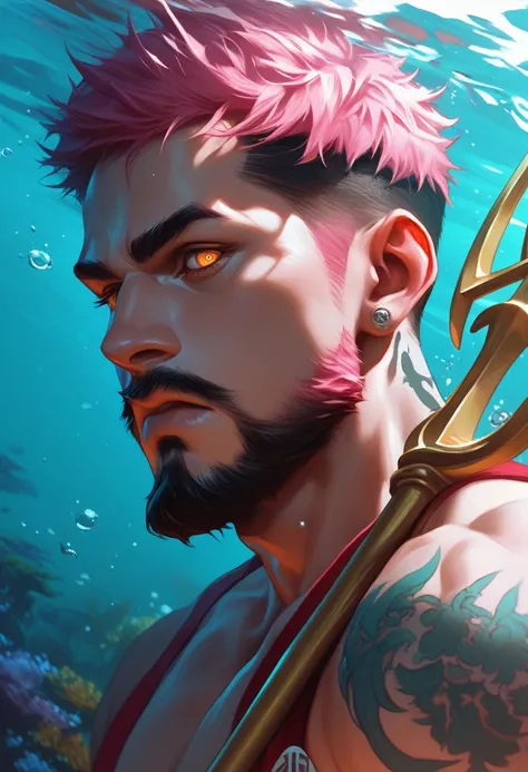 A strong man, short pink hair, short beard, has orange eyes, is underwater, has tattoos all in shades of black, has a golden trident, realistic drawing style, focus on the face, sexy, flaccid penis