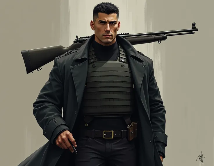 Create an image of a mercenary ,  he is an attractive tall man wearing a bulletproof vest ,  he is dressed in black and has a long black trench coat,  you can see that on his back there is a rifle .  He has black hair with a military cut .