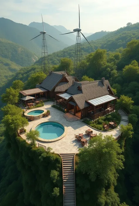 generates an image of a rustic restaurant with distant bungalows with renewable technology in a half-moon shaped lot with a slope of 5000 square meters, with pools , green areas and parking for several cars 