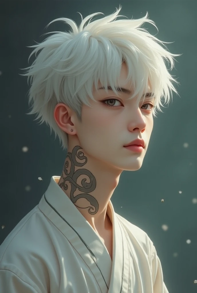 1 Chinese man Very handsome Fragile appearance, slim and thin body Spiral tattoos on the neck on the side Gray eyes, short white hair Snow-white skin Beautiful smile 19th century Realistic image


