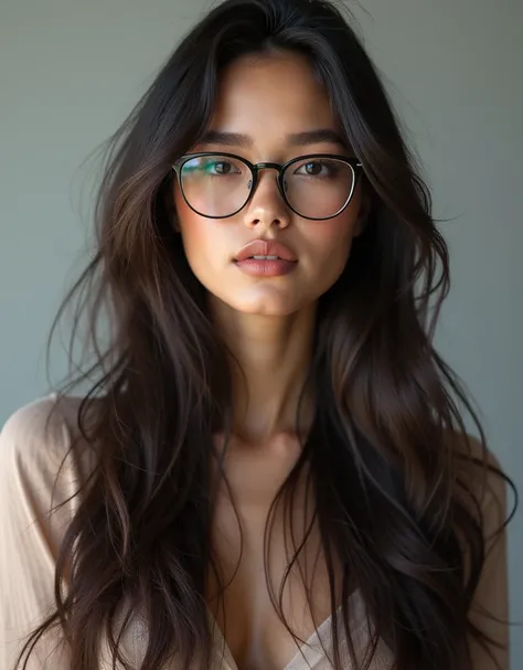 Hyper-realistic full-body shot photo. 20yo French woman, long forehead, glasses, narrow eyes with glasses, pretty mouth & nose, hyper-long thin hair, is standing before a grey neutral background. 8K definition. Hyper-intricate hair details. Accurate realis...