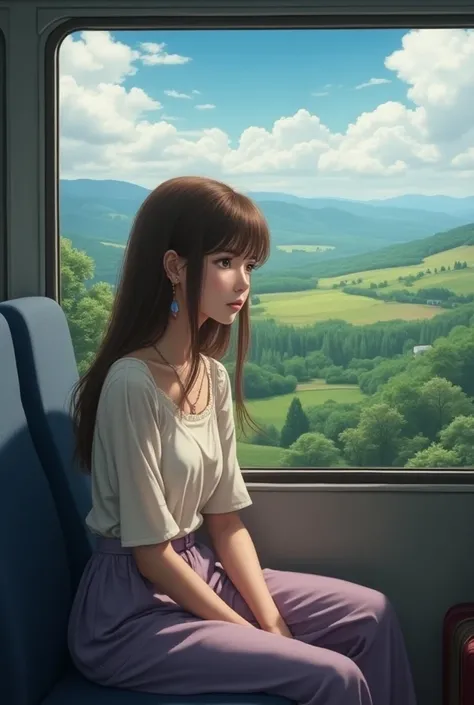 Make an image of a girl inside a bus with a sad look with very long brown hair wearing lilac pants and a short white blouse without fringe with a very pretty face with a very beautiful landscape outside realistic without being Dorama and a necklace with su...