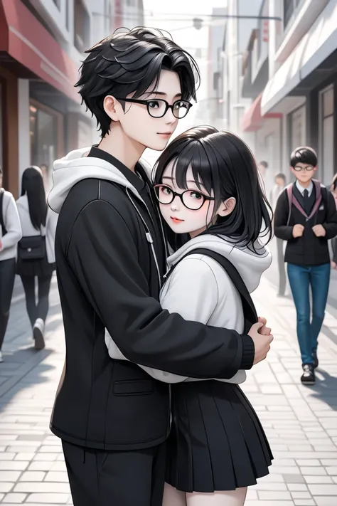 Couple, girl glasses, boy glasses, boy, girl, walking by street, black hairs, white skin, young, black clothes, students, hugging, 