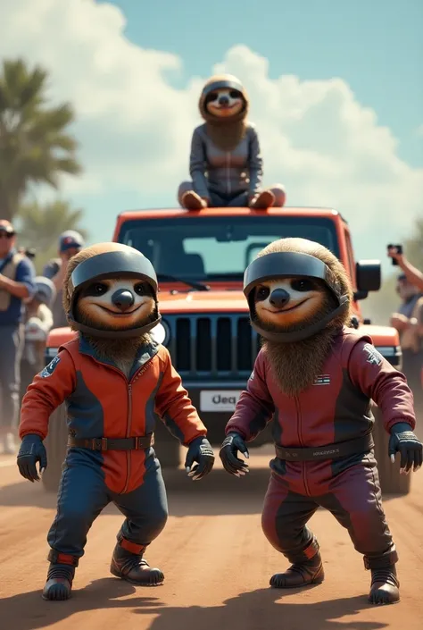  2 anthropomorphic male sloths , sportswear, race car drivers , 1 perezozo hembra sportswear carrera de autos.  in the background 3 jeep racing cars the sloths sitting on the bonnet modeling in profile, Around people taking pictures  