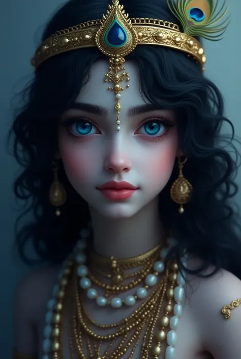 Make Indian god Krishna face is as bright as the moon. 
 His eyes are deep blue. 
 hair is thick and black, under 25 young most beautiful handsome gorgeous image image looking like real with peacock feder crown 