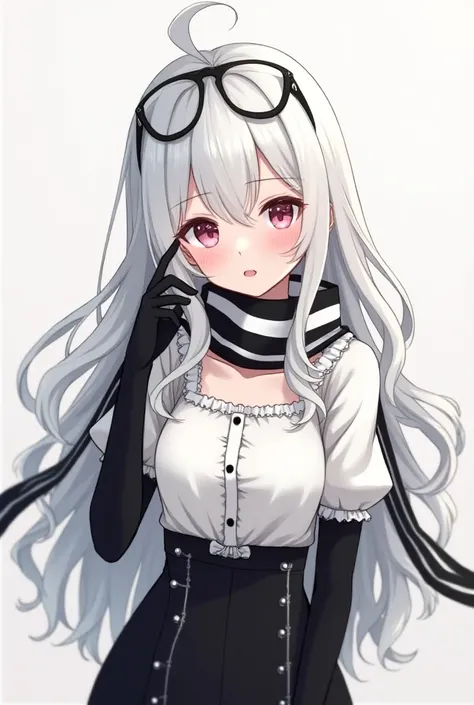 Cute anime female character with long white wavy hair, with glasses on her head, wearing a white blouse with black lines and a black cute jumpsuit, wearing long black gloves and a black striped scarf  with black sweet eyes