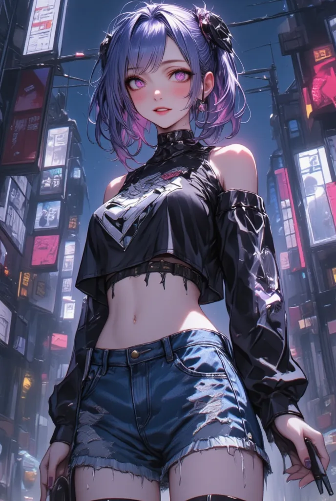 1girl,jinx,fleshy thighs,poster publicity style,sexy pose,simetall,large breasts,(stand in the street), (night background), shor...