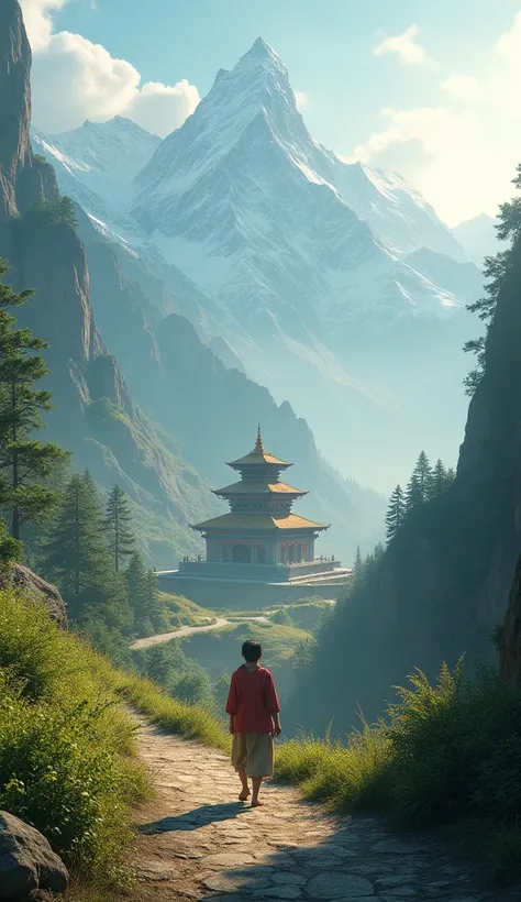 "Capture a serene moment of a 16-year-old  walking towards a temple nestled in the Himalayan mountains. The , dressed in traditional attire, carries a sense of reverence and innocence. The majestic snow-capped peaks tower in the background, and lush greene...