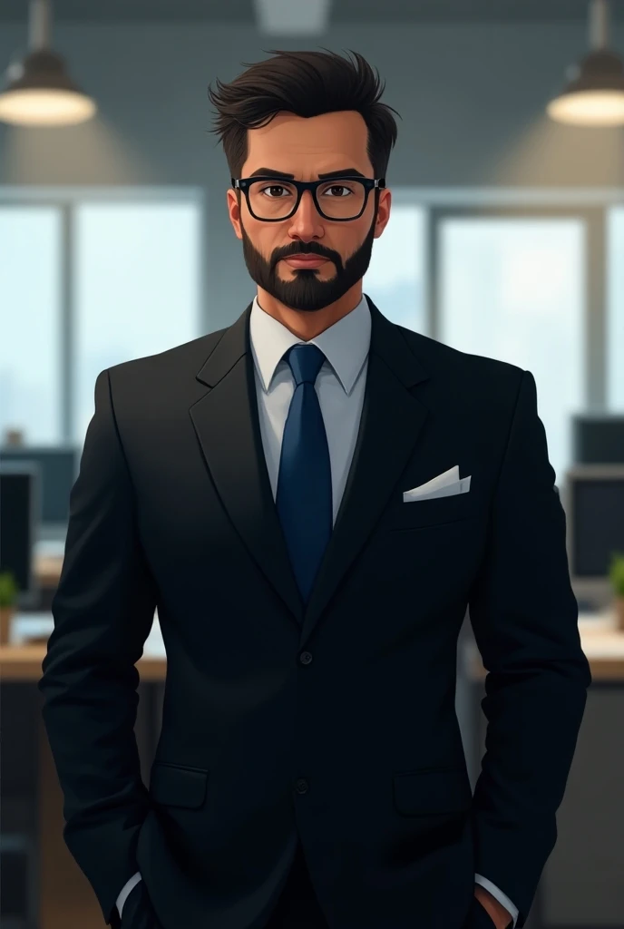 A 30 years Pakistani boy wearing glasses with bold face and body in a formal black suit and blue tie, office in background