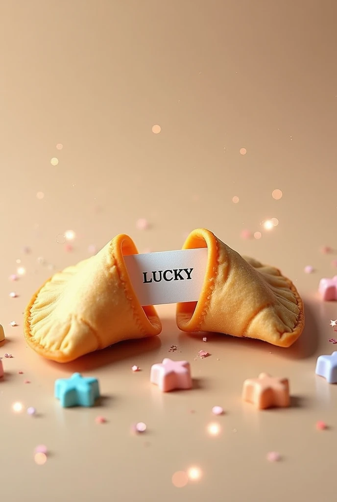 A fortune cookie split in half with a lucky message and star-shaped candies