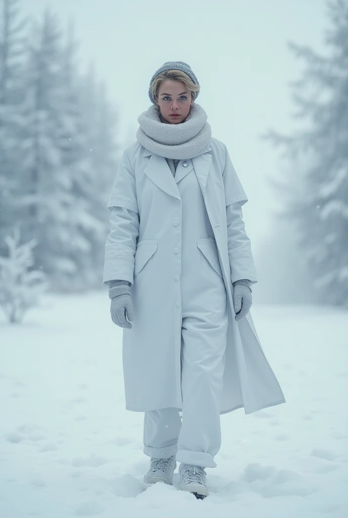 Nurse freezing in the snow、 wearing nurse clothes、 its snowing、