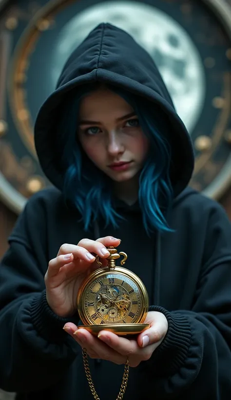 prompt: anime style, wide framing with small figure, teenage girl taking up 30 percent of frame, detailed brass pocket watch in pale hands, moonlight reflection, delicate fingers, oversized black hoodie sleeve, vast dark background with visible clock mecha...