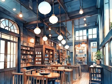 coffee shop scenery,   coffee shop、retro cafe、modern feel、 attic atmosphere、round window frame、small store 、there is a counter、t...