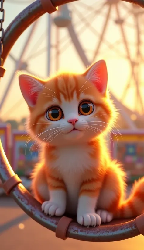 In cinematic 3D style, HD image, realistic image ,colourful image.
Character, cartoonish orange and white mix baby  cat,
Action,A close-up of a fluffy orange kitten with striking orange eyes sitting on a big round swing metal railing, with a colorful ferri...