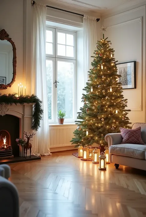 The image shows a luxurious living room decorated for Christmas. The room has a large window with white curtains that let in natural light. The floor is made of light-colored wood planks and the walls are painted white. On the left side of the room, there ...