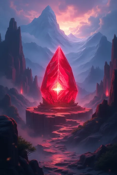 Create fanfic cover showing Runeterra from League of Legends and a shiny red rectangular stone highlighted 