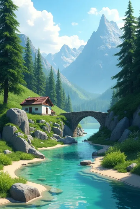  alpine trees,Green  transparent water river, rock, sand and stone,mountain and a cabin made from white stone , stone  bridge and green grass