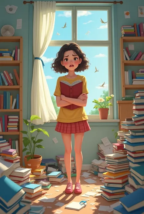 Create an image of a cute ,  with curly and short hair ,  shes tidying up her room ,  except that there are books everywhere and an endless mess.  Portray this mess a lot in the image .