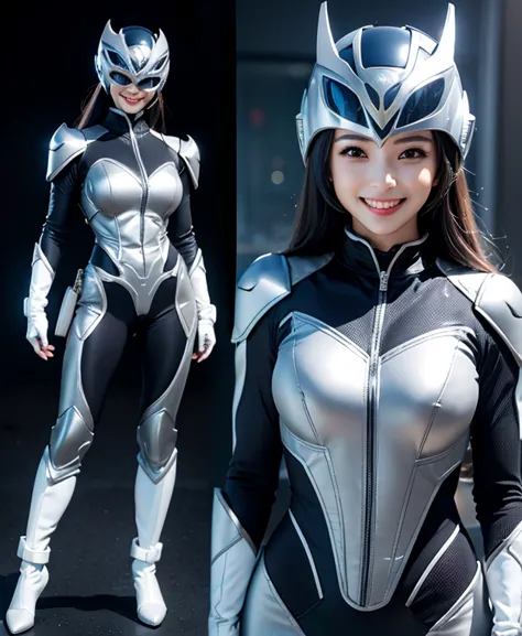 a woman (anchor gray) rangers, anchor gray ranger suit, as she power rangers toxic , full body , helmet mask, long hair, high de...