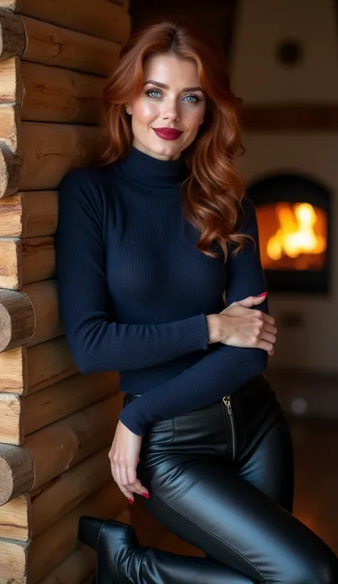 ultra realistic, soft skin tones. full body view. uncropped photo. Mid 30s Bavarian German woman. reddish brown hair coiled and gatheted on her shoulders. rich wine red lipstick. cobalt blue eyes. (dark Blue eyeliner:1.5)  dark bronze eyeshadow. In a loung...