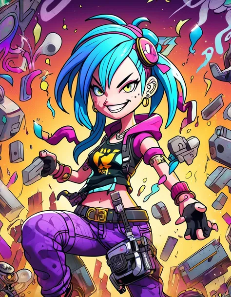 a detailed graffiti mural of jinx from league of legends, vibrant colors, dynamic pose, spray paint textures, chaotic doodle art style, gritty urban setting, highly detailed, vivid, photorealistic, cinematic lighting, hyper detailed, 4k