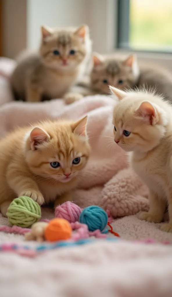 "a group of adorable, fluffy kittens playing together in a cozy and cheerful setting. the kittens are of various colors, with bi...