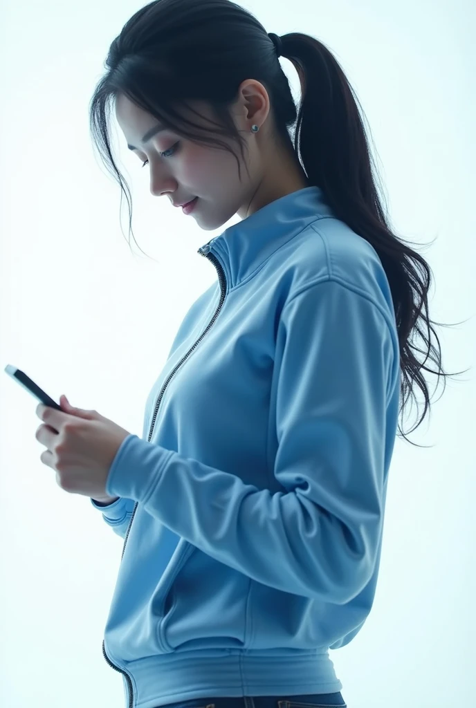  a 20 year old real Chinese girl .  black high ponytail，Wear (Blue and white ) Zippered shirt,, Detailed Facial,  movie lights from the waist, Dramatic Ambient ,  bright colors , 8K,  high quality , photorealistic. Hero Suit. (ice) from his hands . snow (i...