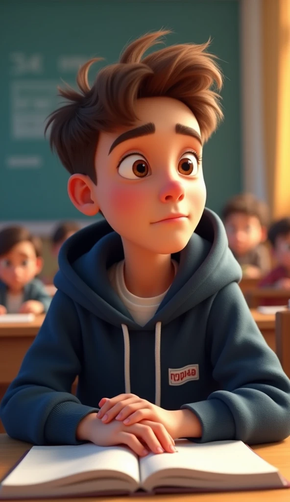 Create a Pixar-style image of Matías, a teenage student with short brown hair and warm brown eyes, sitting at his desk in a classroom. He has a slightly serious expression, focused on the lesson. Matías wears a dark blue hoodie with a small logo on the che...