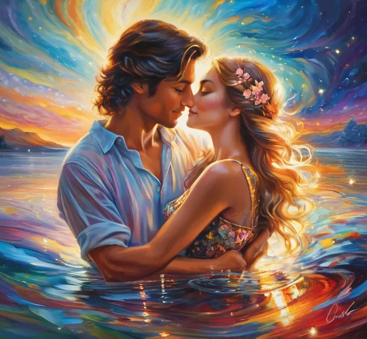 Light, delight, a hug, an embrace, love radiates in ripples out into the atmospher, love is alive, young man and young woman, new love, first love, universe as feminine and masculine goddess, hd, perfect framing, love’s embrace, hearts shoot from the coupl...