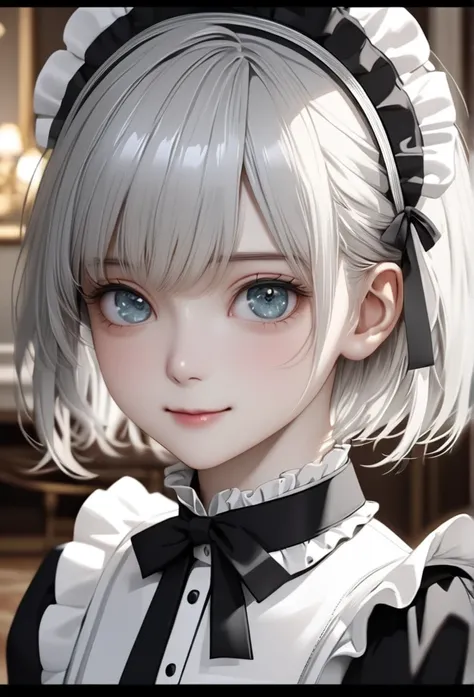 Upper body close-up（((masterpiece), on)" "Upper body of a young woman in a butler-style maid outfit, with shiny silver short hair, well-defined facial features, and a beautiful, delicate expression. Cool and calm atmosphere with a subtle smile. Black and w...