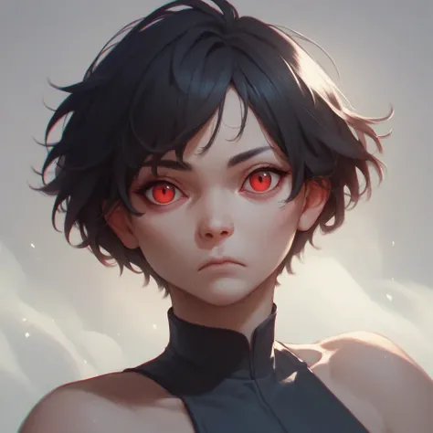 Alone,  short hair,  black hair ,  red eyes, hair, Closed mouth, 