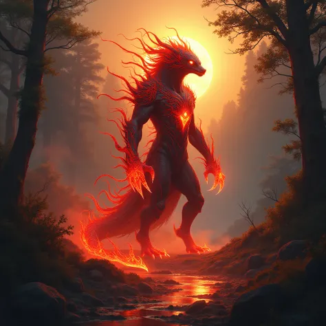 A glowing mythical creature greets the sun.(masterpiece, detailed details,bright colors, highest image quality, beautiful,just,red and black elements .