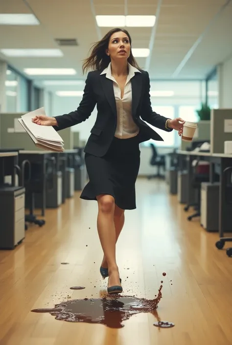 Walking woman spills coffee on the office floor and falls to the floor
