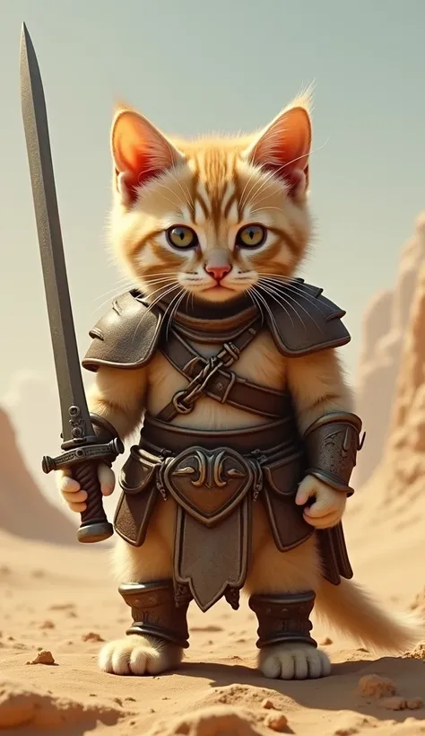 A realistic illustration of a beige kitten dressed as Conan the Barbarian. The kitten has serious eyes and the whole body holds a sword and is in a desert like in the movie Conan the Barbarian