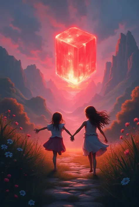 Create fanfic cover showing Runeterra from the League of Legends game and a shiny rectangular, thin red stone highlighted with two young girls running into the distance and trying to pick up the rock with their hands 