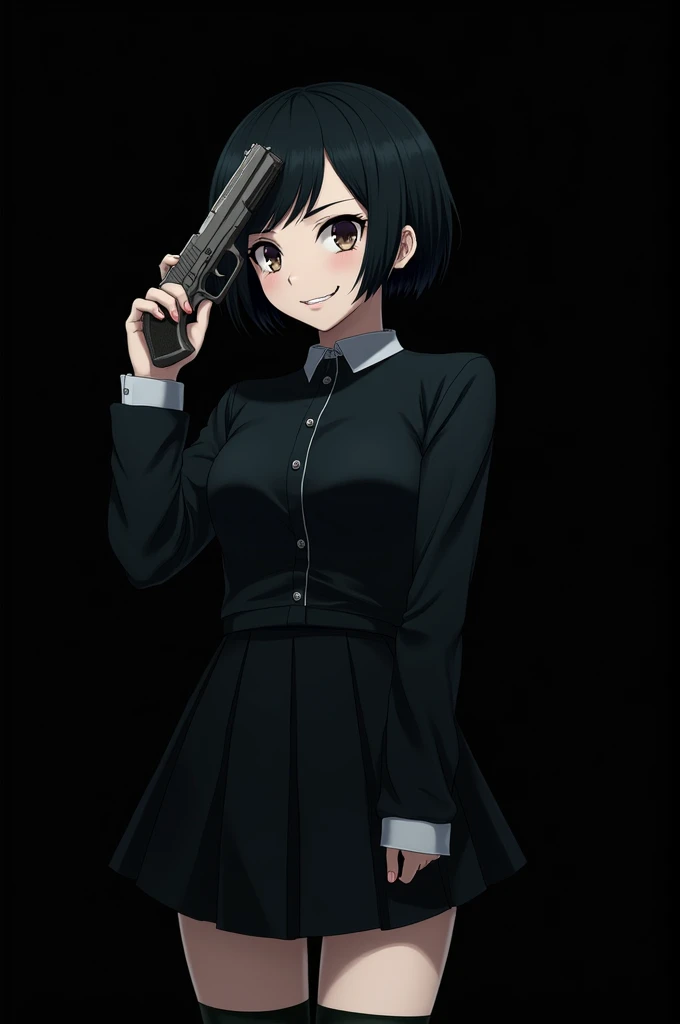 Black black ground edgy anime girl with short black hair wearing a black student uniform black skirt high thighs black sock holding gun to head smiling 