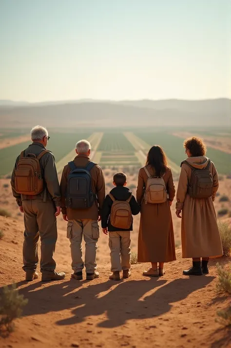 five people, two men being one old and one younger  (father and son)  and three women being two younger and one older.  These people must be wearing travel clothes and looking at a landscape that begins in a desert and there is a garden in the distance 