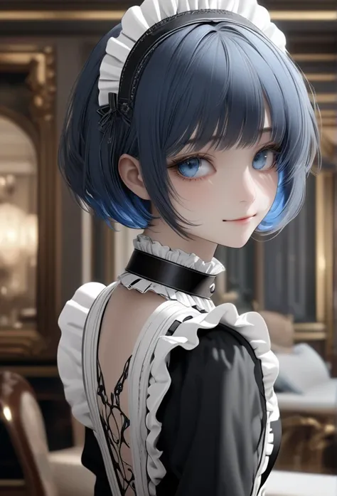 Upper body close-up（((masterpiece), on)""Upper body of a young woman in a butler-style maid outfit, with deep, cool blue short hair, well-defined facial features, and a beautiful, delicate expression. Elegant and mysterious atmosphere with a subtle smile. ...