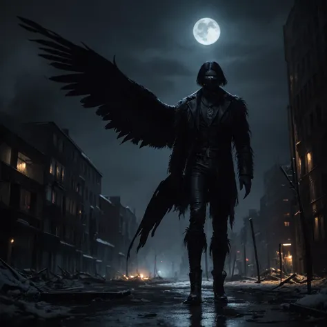 Macabre monstrous humanoid raven in a ruined city on a snowy night with an earthy climate