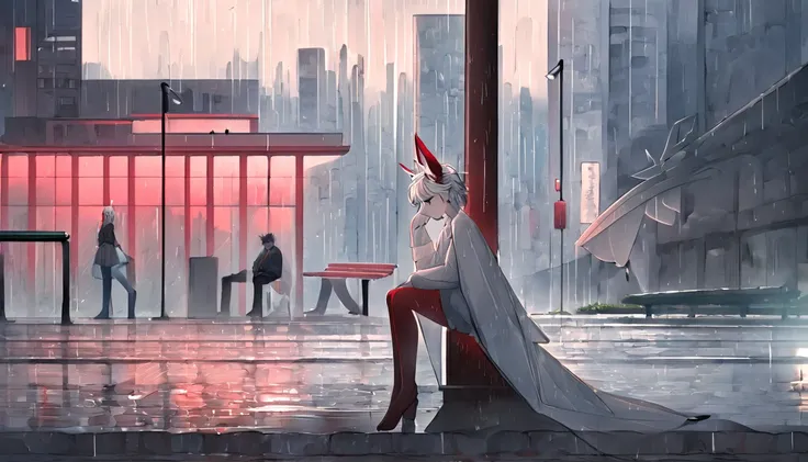 White Dragon Fluffy Red Horned Skinny Femboy All White Evening Dress Cool White Wings White Hair City Place Rain Fairy Wings Handsome Hair Sad Hairstyle Handsome Face Sitting at Bus Stop 4k Picture Handsome looking Dragon Very Cool