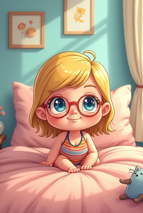 Crie um Cartoon, of a  , blonde , blue eyes, with glasses,de aproximadamente 10 anos, On the bed of approximately  swimsuit  .