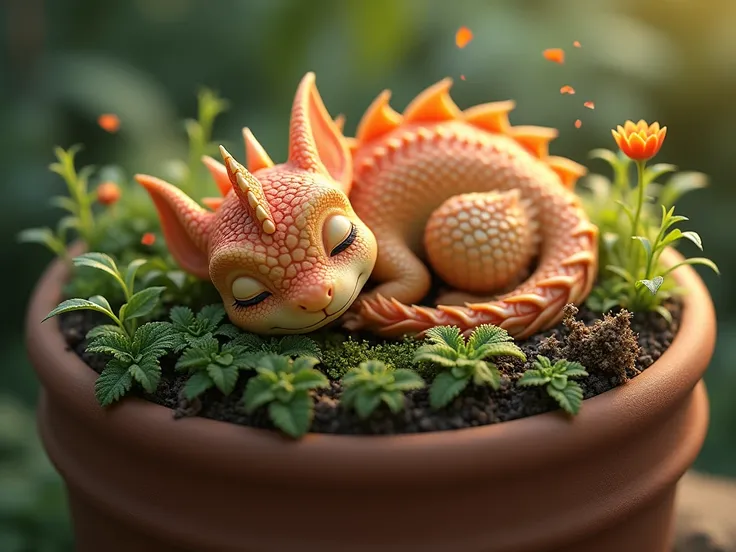 a baby dragon sleeping in a large pot of dirt and grass