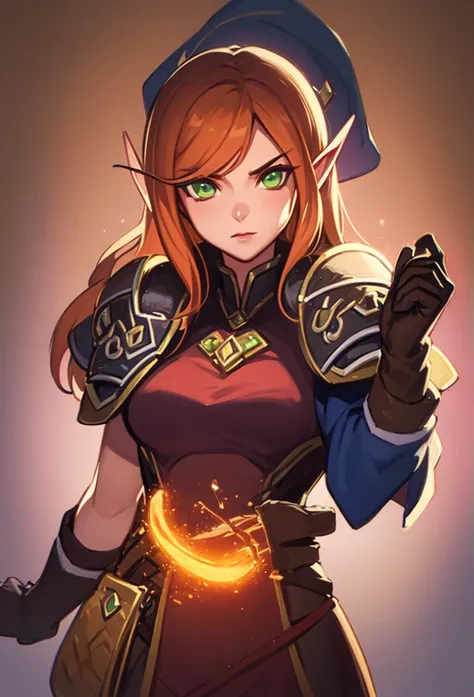 masterpiece, best quality, blood elf, 1girl, long hair, orange hair, green eyes, shoulder armor, brown gloves, looking at viewer, medieval background 