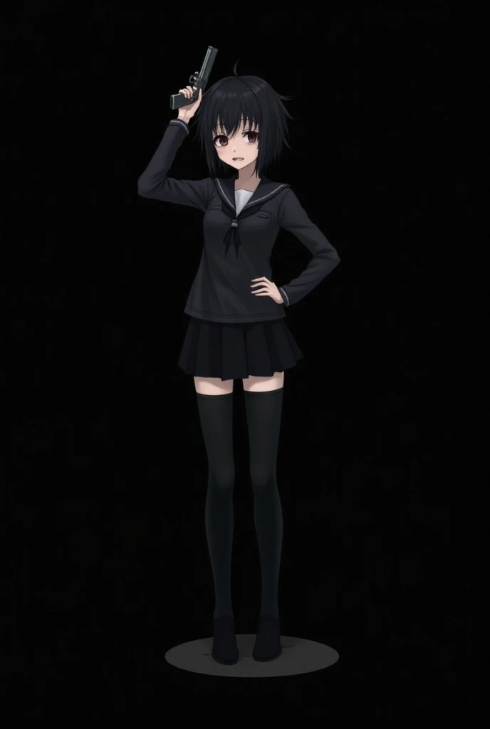 Black black ground edgy anime girl with short black hair wearing a black student uniform black skirt high thighs black sock pointing gun to head sad depressed 